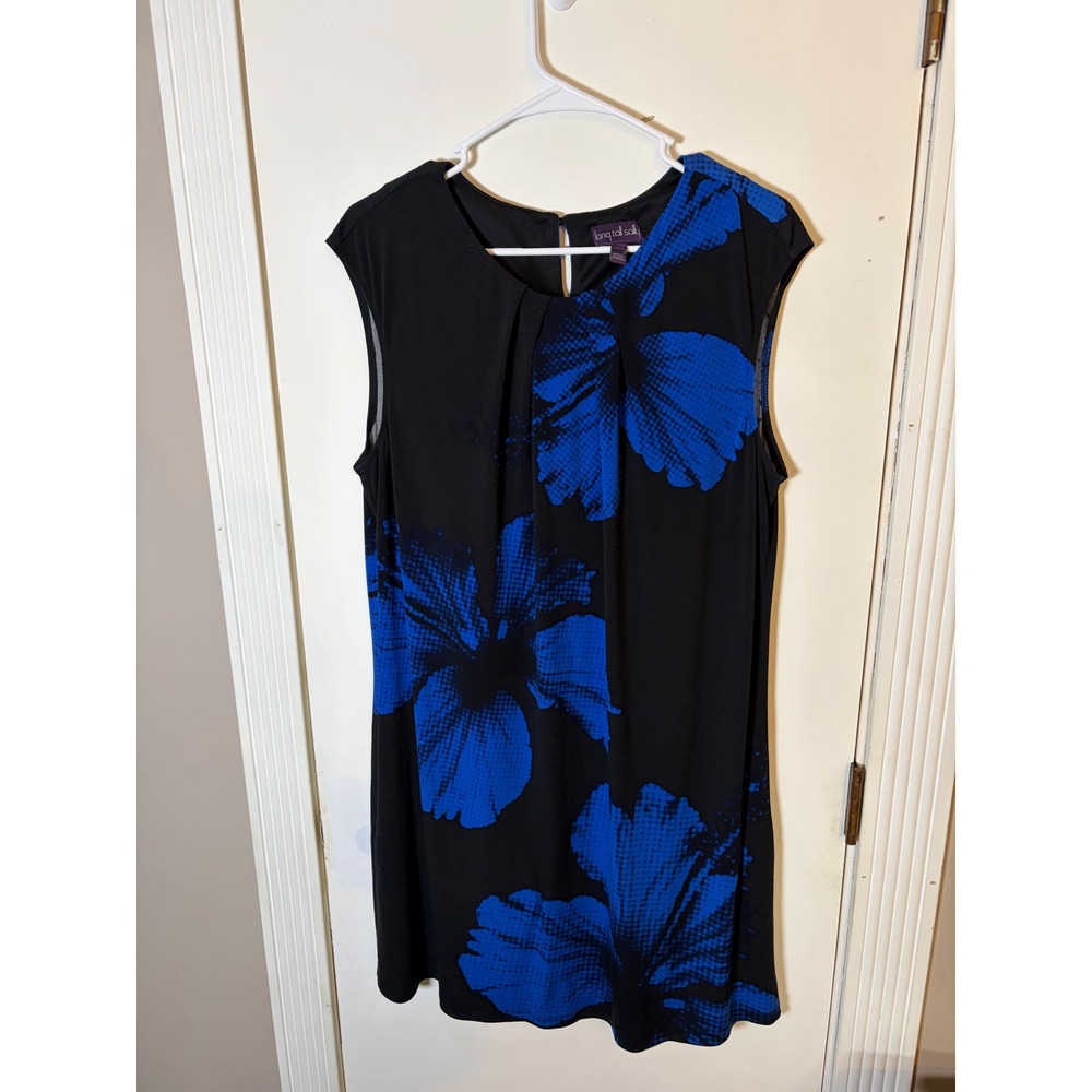 Long Tall Sally Womens Blue Black Floral Pleated Sleeveless Shift Dress Large